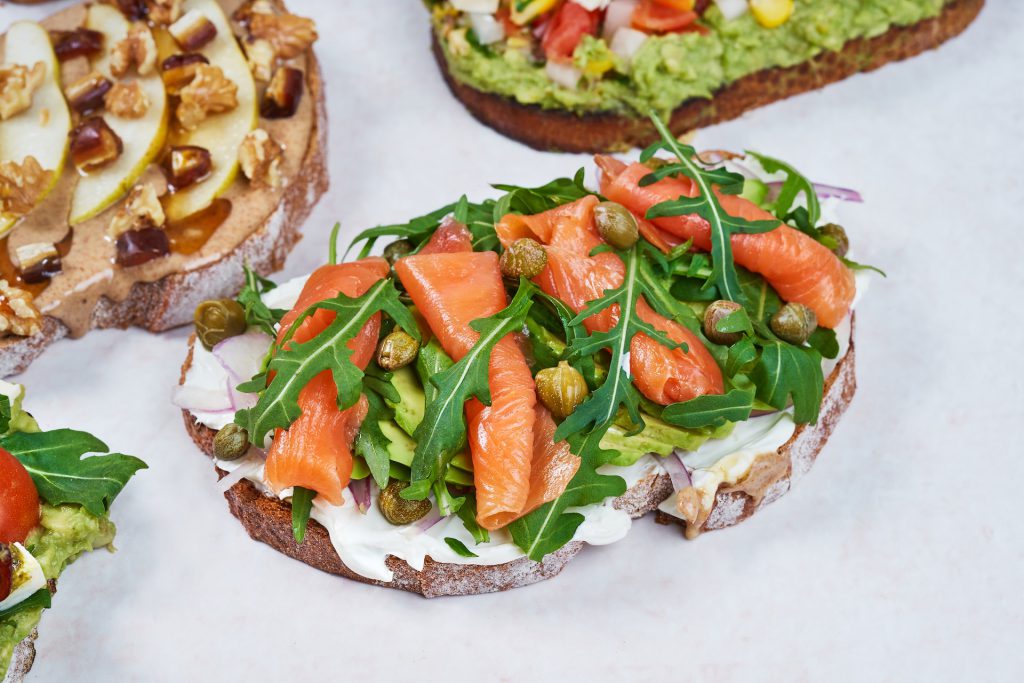 salmon brunch recipes, smoked salmon bagel, salmon and egg breakfast, smoked salmon and avocado, brunch idea